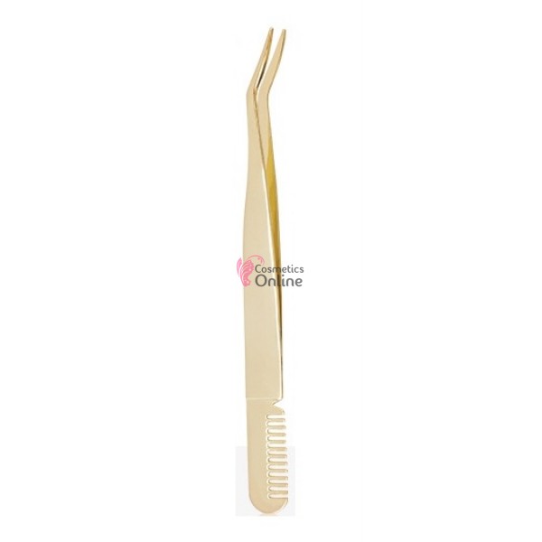 Penseta pentru gene false tip banda XW002 Aurie usor curbata cu pieptene